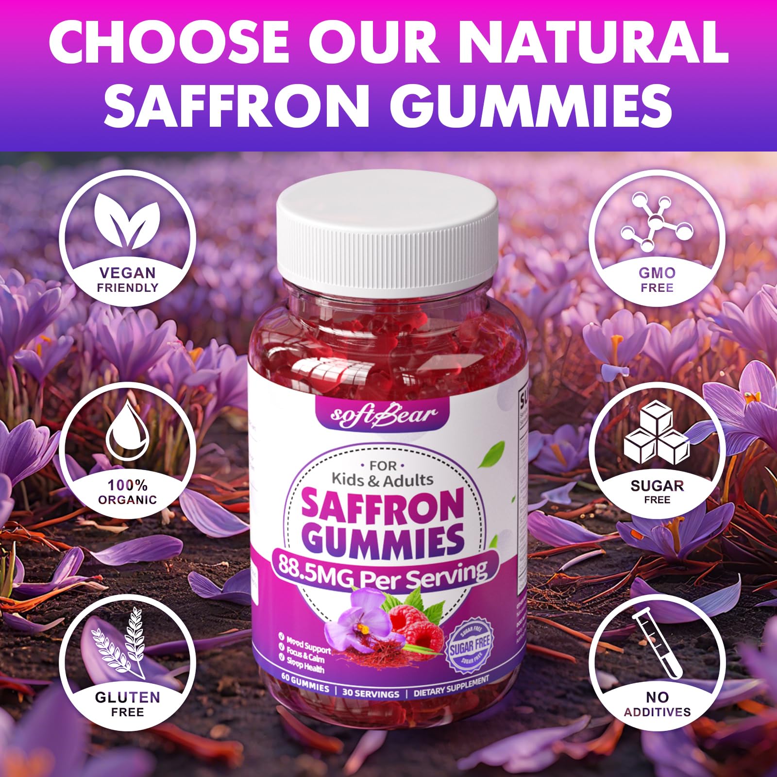 Softbear saffron gummies packaging displays 120-count family-friendly supply