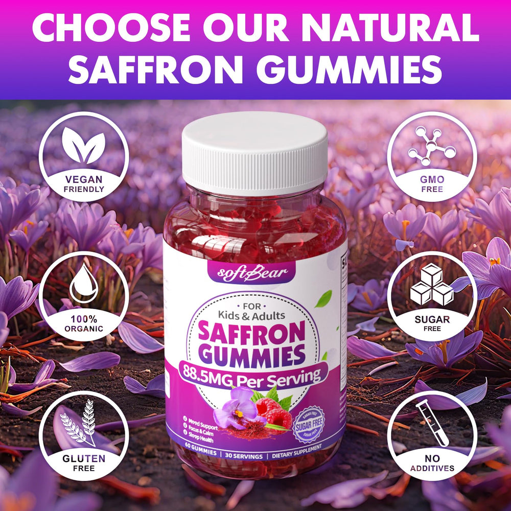 Softbear saffron gummies packaging displays 120-count family-friendly supply
