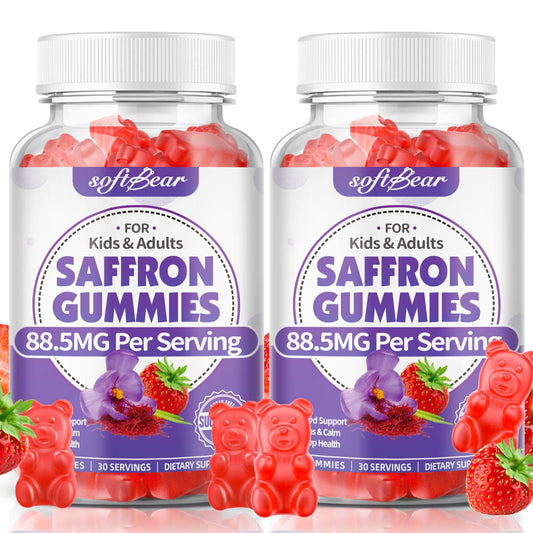 SoftBear Saffron Gummies strawberry bottle highlight a tasty daily supplement for focus