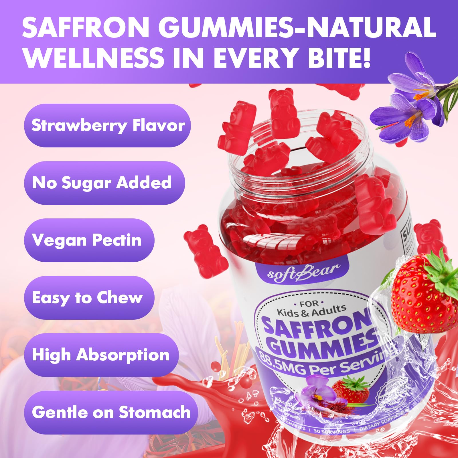 SoftBear Saffron Gummies vitamin D3 zinc and magnesium graphic emphasizes key nutrient blend
