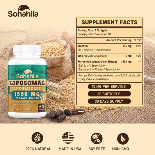 Close-up of Sohahila spermidine softgels highlighting liposomal delivery for absorption.