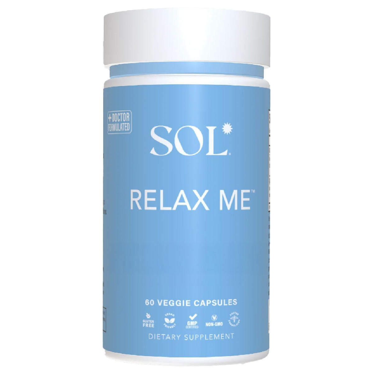 Sol Nutrition Relax Me bottle label, calming branding for stress support