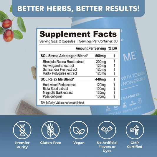 Close-up of Sol Nutrition Relax Me capsules, vegetarian formula