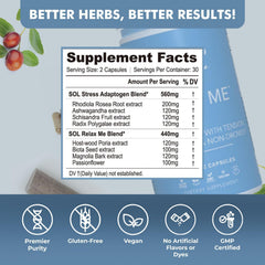 Close-up of Sol Nutrition Relax Me capsules, vegetarian formula