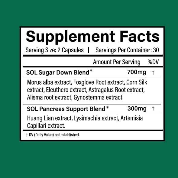Sol Nutrition Sugar Down capsules closeup for convenient daily digestion support and energy.