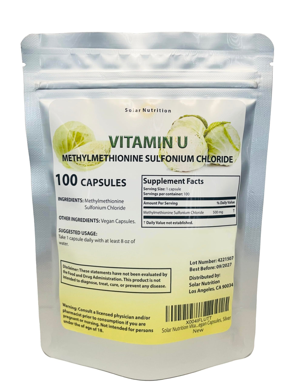 Solar Nutrition Vitamin U bottle label shows brand and clear ingredients for informed use.