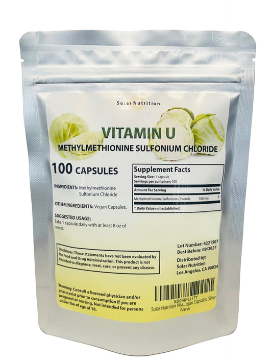Solar Nutrition Vitamin U bottle label shows brand and clear ingredients for informed use.