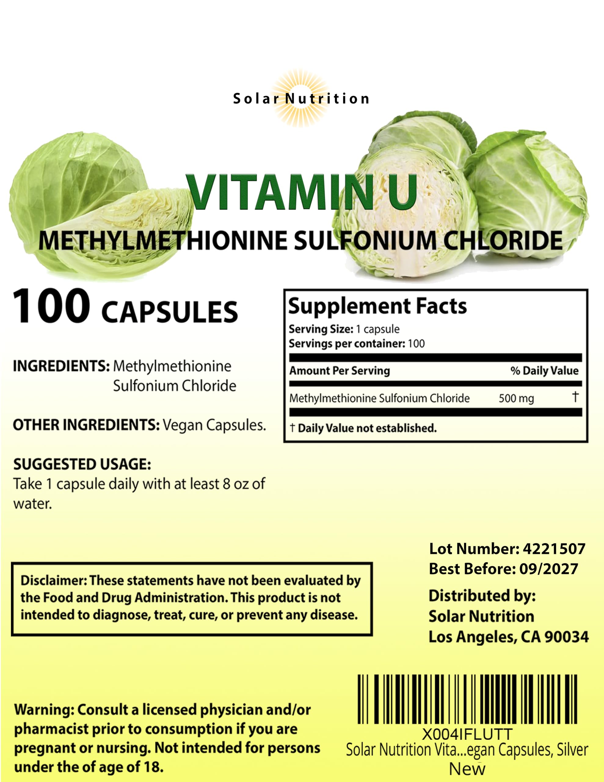 Solar Nutrition Vitamin U capsules close-up highlights 500 mg potency for daily convenience.