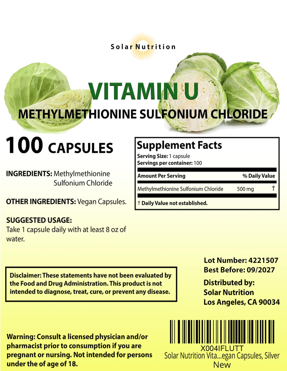 Solar Nutrition Vitamin U capsules close-up highlights 500 mg potency for daily convenience.