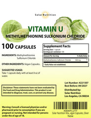 Solar Nutrition Vitamin U capsules close-up highlights 500 mg potency for daily convenience.