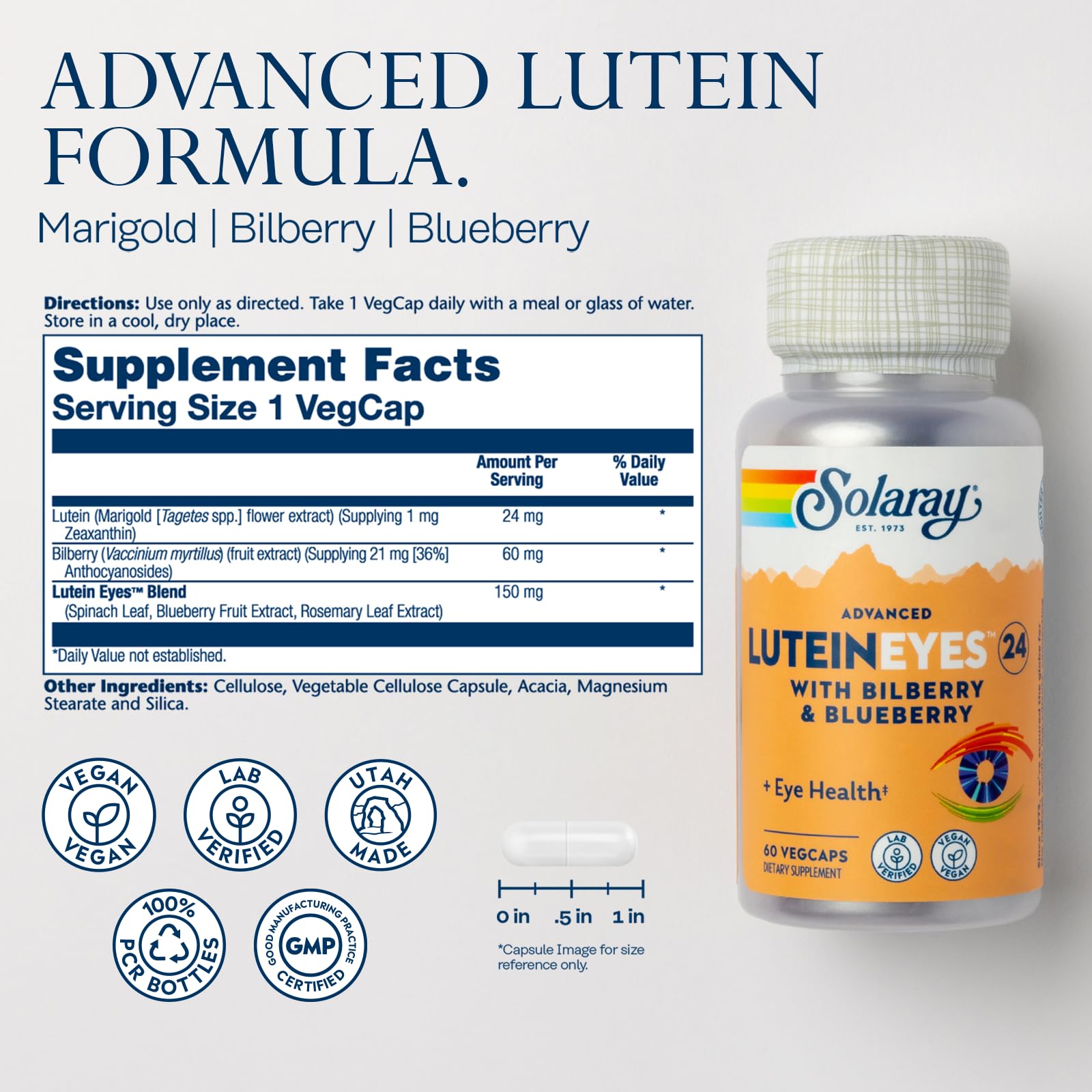 SOLARAY Advanced Lutein Eyes bottle back shows ingredients and purity.