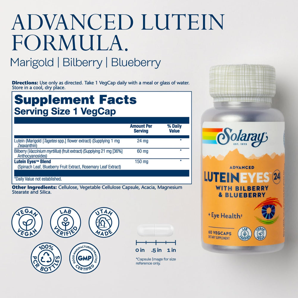 SOLARAY Advanced Lutein Eyes bottle back shows ingredients and purity.