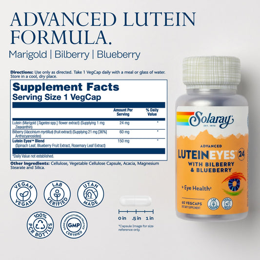 SOLARAY Advanced Lutein Eyes bottle back shows ingredients and purity.