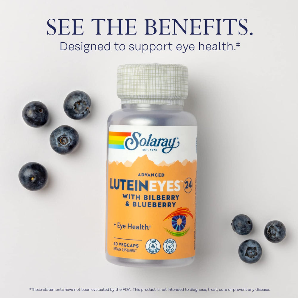 SOLARAY Advanced Lutein Eyes capsules closeup highlighting vegan softcaps.