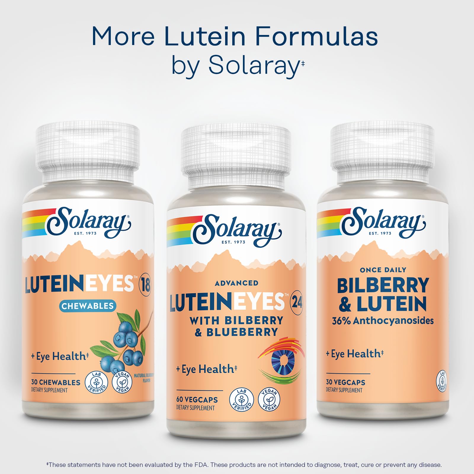 SOLARAY Advanced Lutein Eyes eco-friendly packaging emphasizing sustainable bottles.