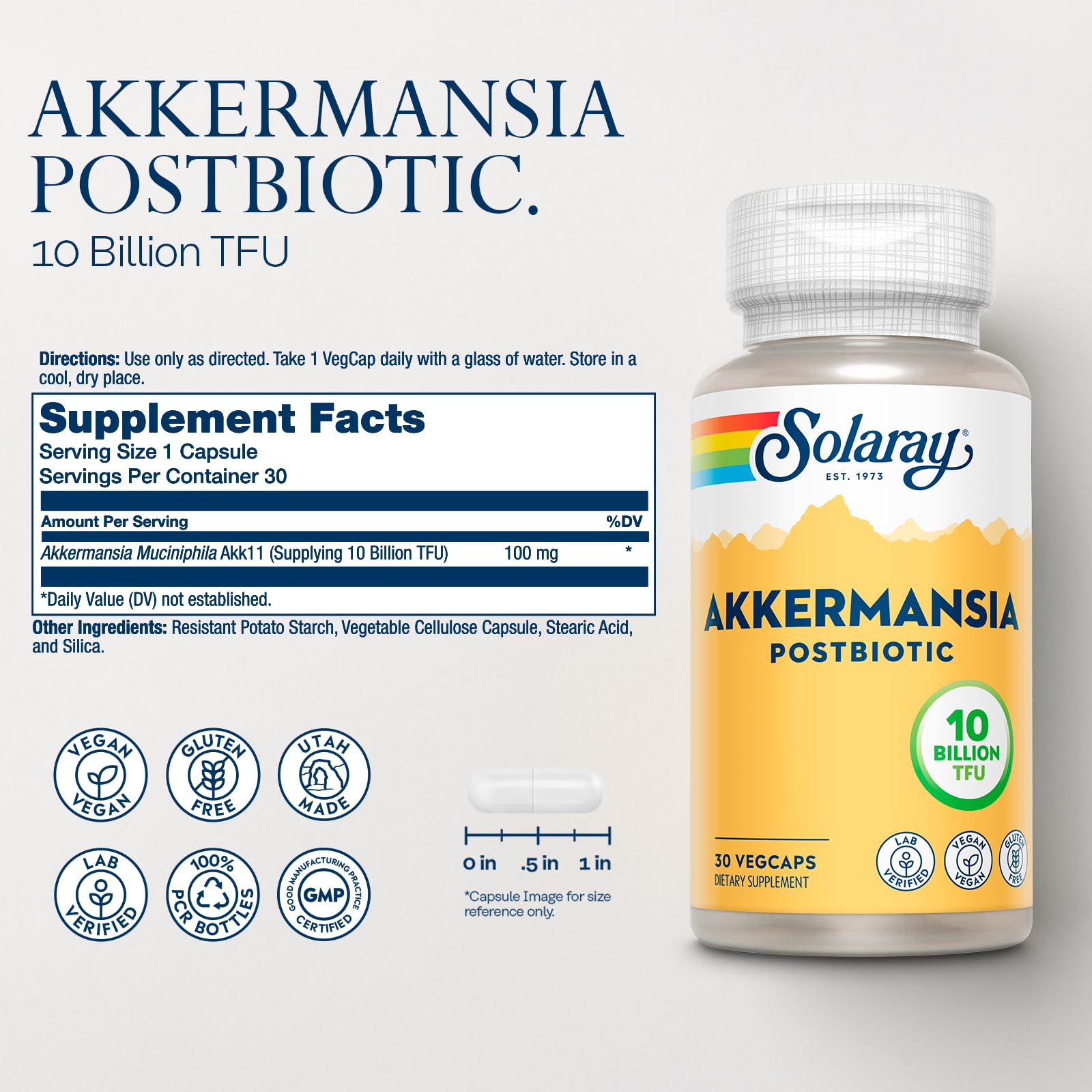 SOLARAY Akkermansia Postbiotic bottle back with dosage and ingredients for clarity