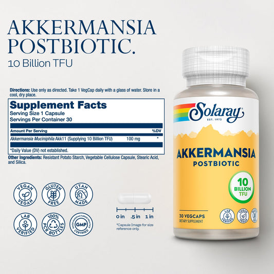 SOLARAY Akkermansia Postbiotic bottle back with dosage and ingredients for clarity