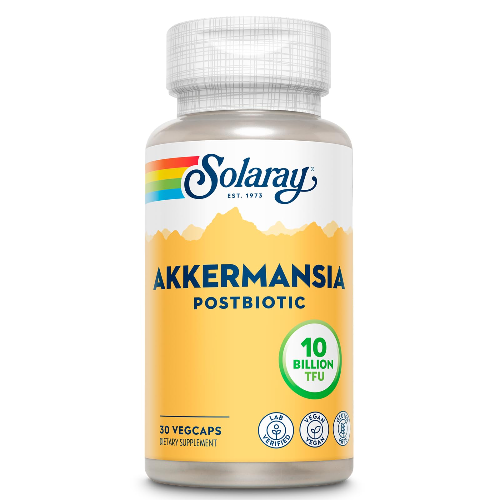 SOLARAY Akkermansia Postbiotic bottle front, vegan and shelf-stable gut health support