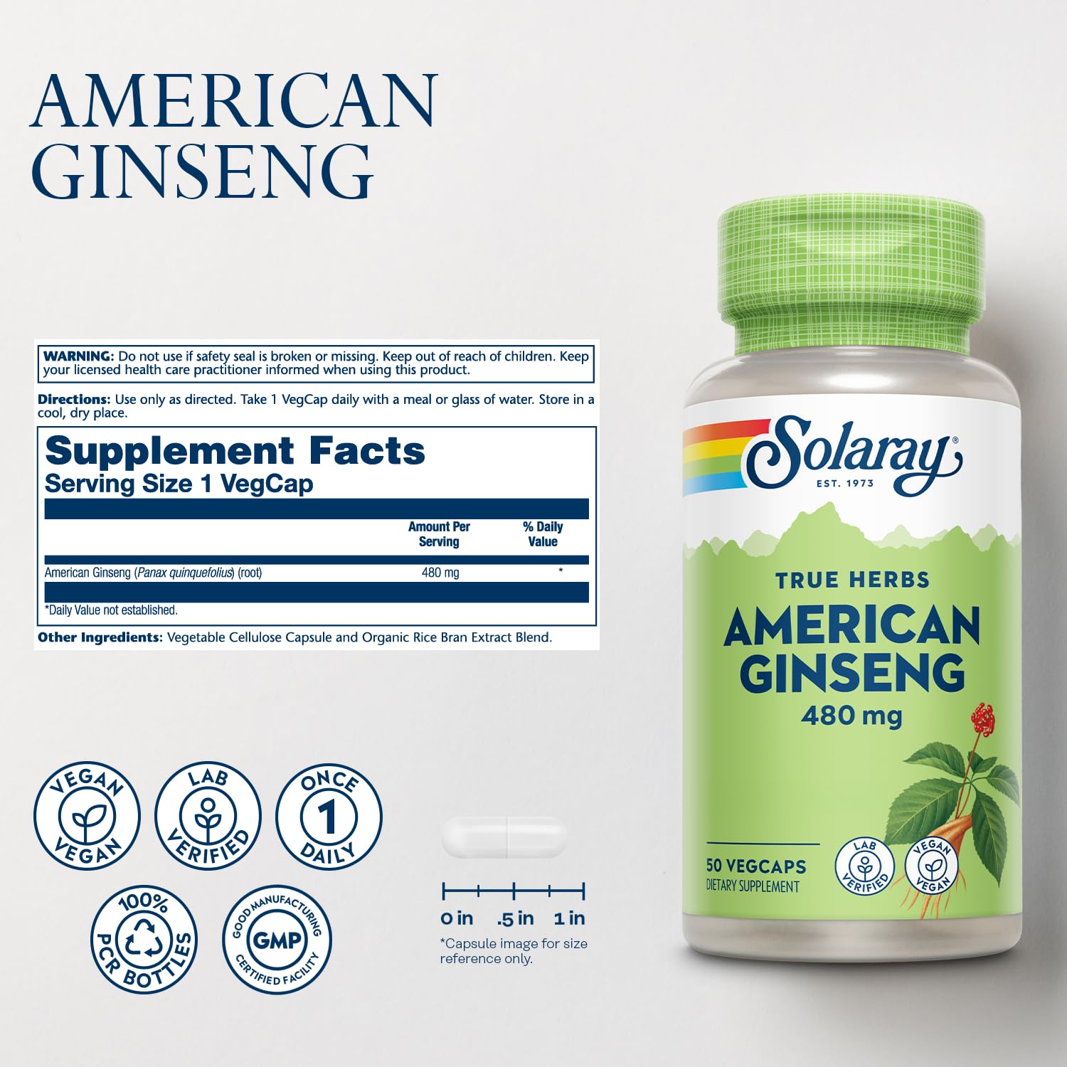 SOLARAY American Ginseng 480 mg bottle back label with usage and ingredients