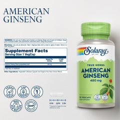 SOLARAY American Ginseng 480 mg bottle back label with usage and ingredients