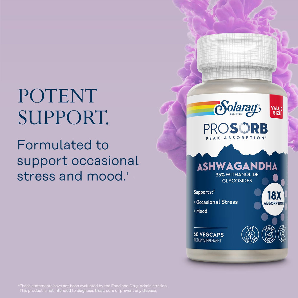 SOLARAY Ashwagandha packaging showcases 60 servings