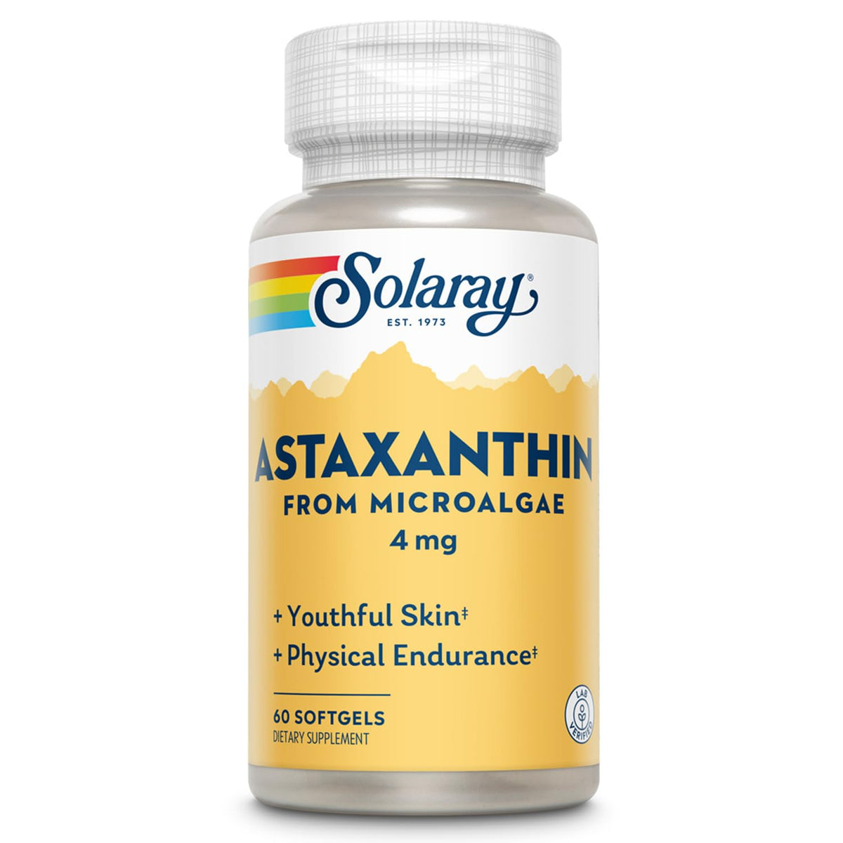 SOLARAY Astaxanthin bottle front view showing antioxidant protection for eyes and skin.