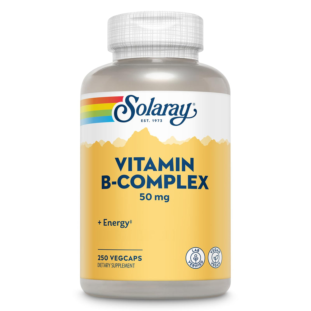 SOLARAY Vitamin B Complex bottle label shows 50 mg potency for energy support.
