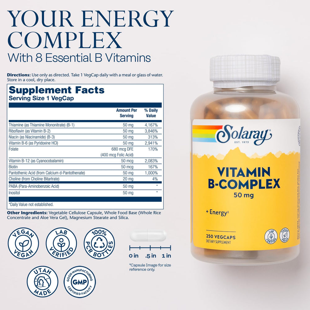 SOLARAY B Complex ingredients panel highlights key B vitamins and folic acid.
