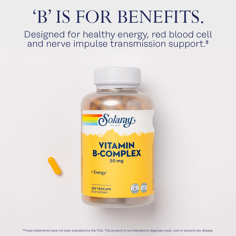 SOLARAY B Complex vegcaps closeup reveals plant-based capsule form.