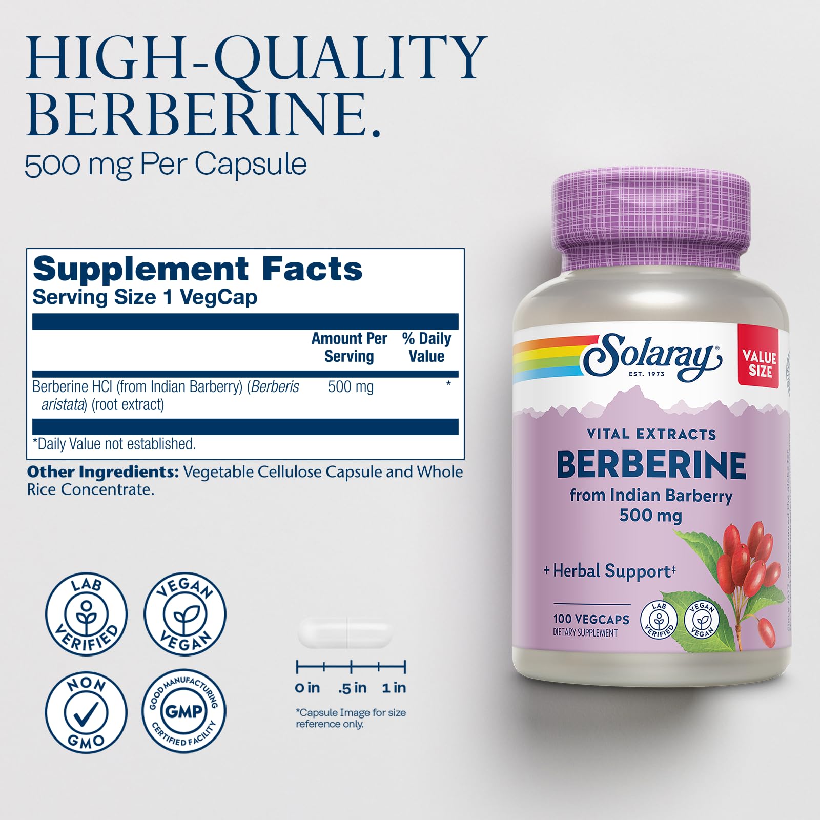 SOLARAY Berberine 500mg bottle displayed for convenient vegan, non-GMO daily use