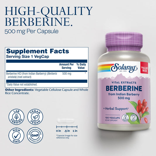 SOLARAY Berberine 500mg bottle displayed for convenient vegan, non-GMO daily use