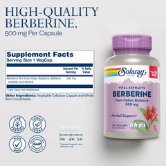 SOLARAY Berberine 500mg bottle displayed for convenient vegan, non-GMO daily use