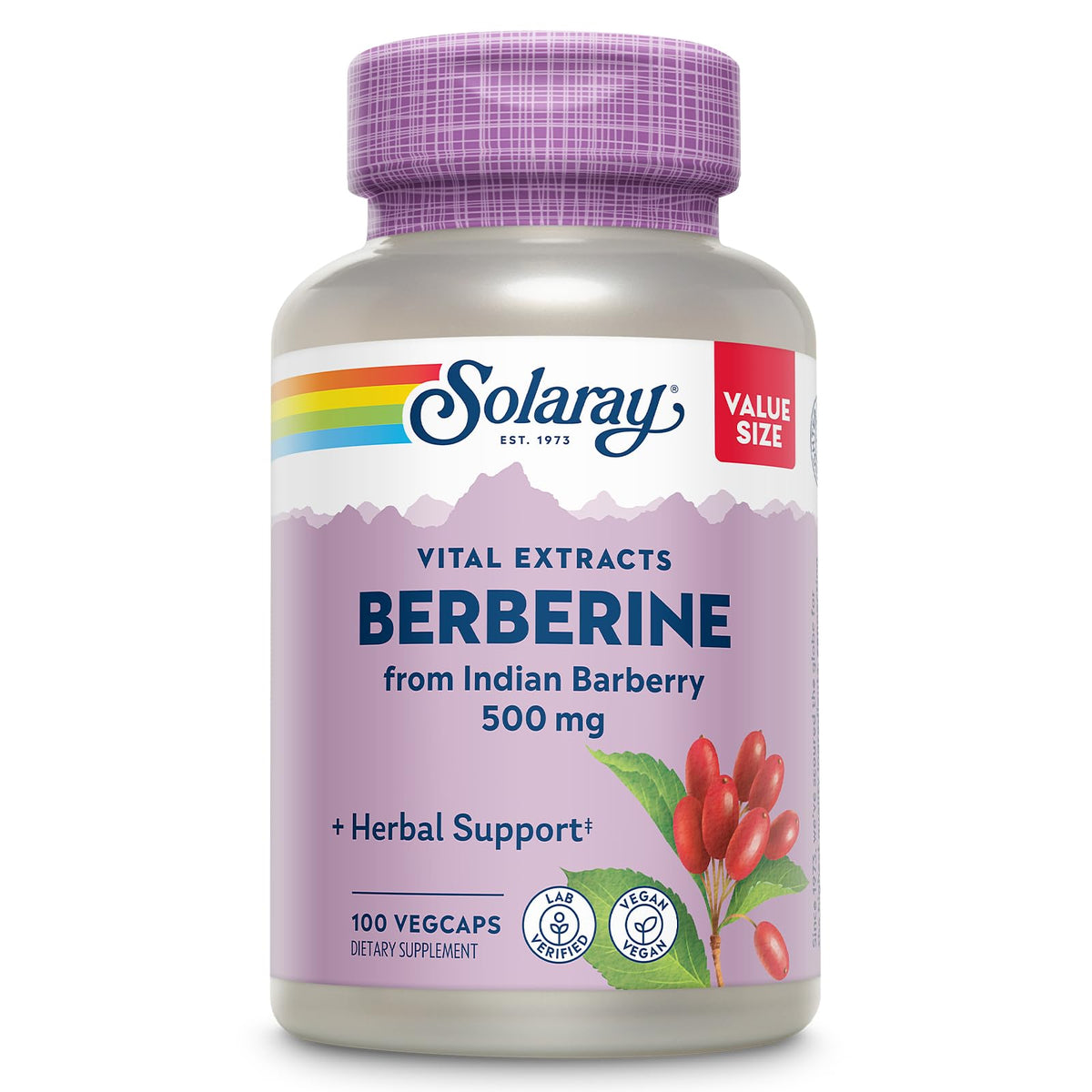 SOLARAY Berberine 500mg capsules with bottle, supports a healthy lifestyle when paired with activity