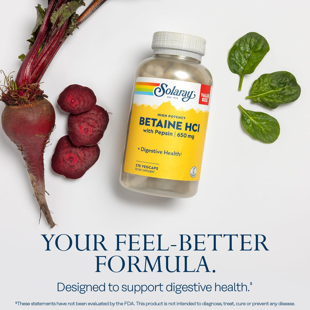 Solaray Betaine HCl Pepsin capsules for protein digestion after meals.