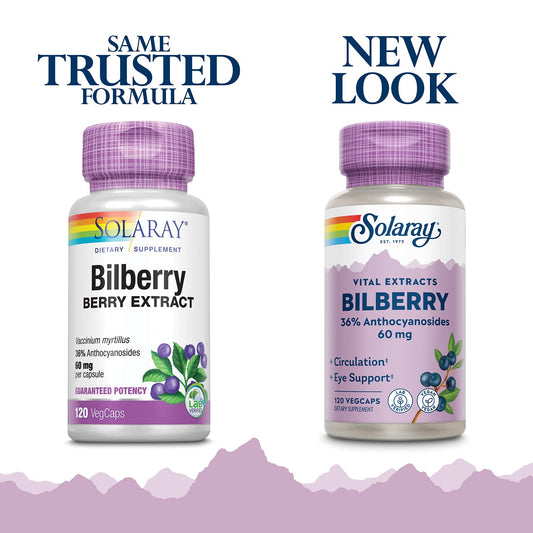 SOLARAY bilberry capsules shown up close for eye and circulation support.