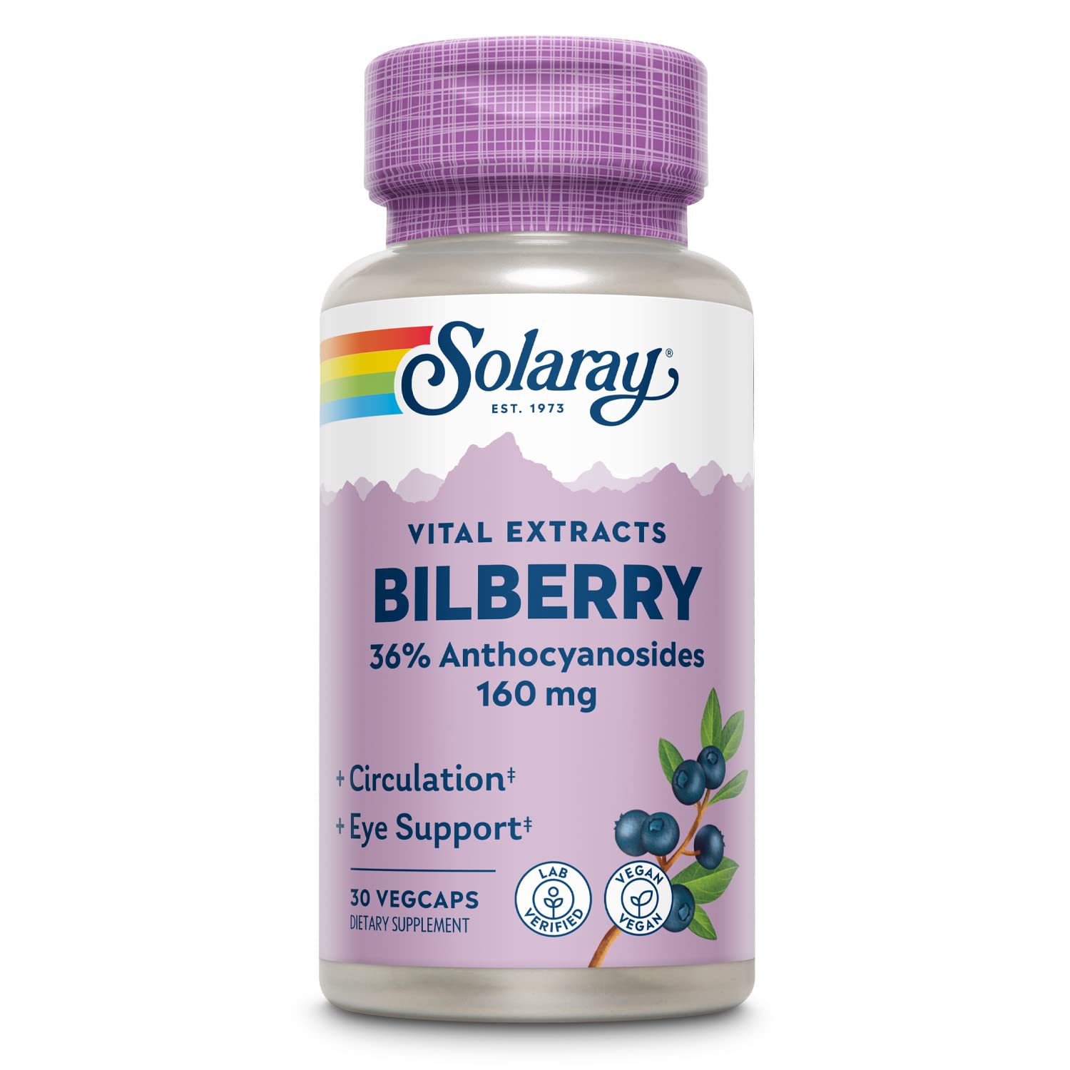SOLARAY Bilberry Extract 160 mg bottle emphasizes eye health support.