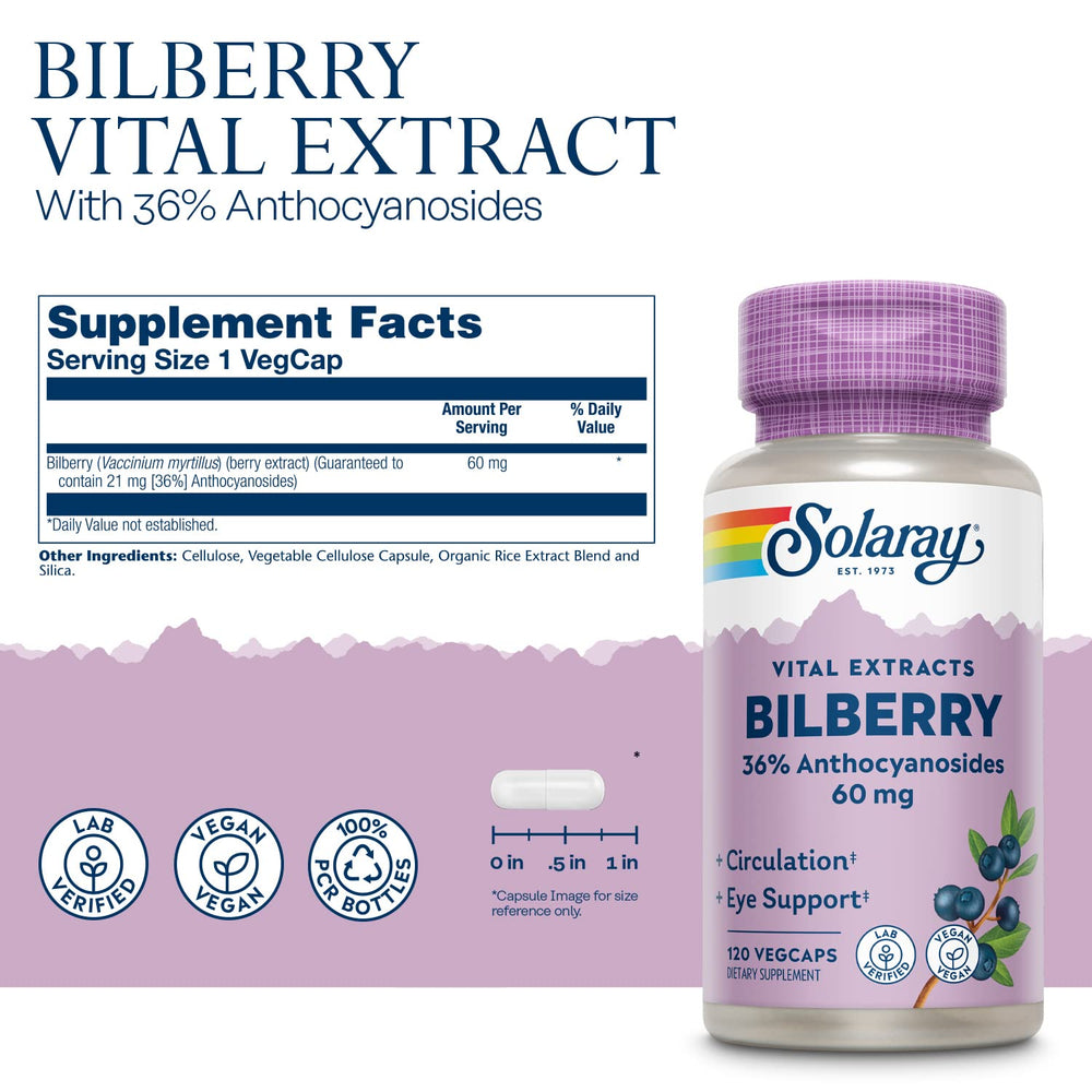 SOLARAY vegan bilberry capsules close-up for plant-based daily supplementation.