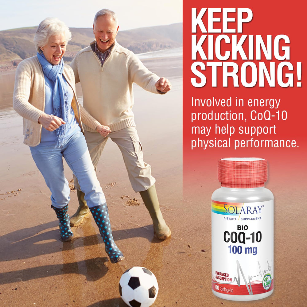 SOLARAY Bio CoQ-10 advanced formula imagery shows CoQsol absorption technology.
