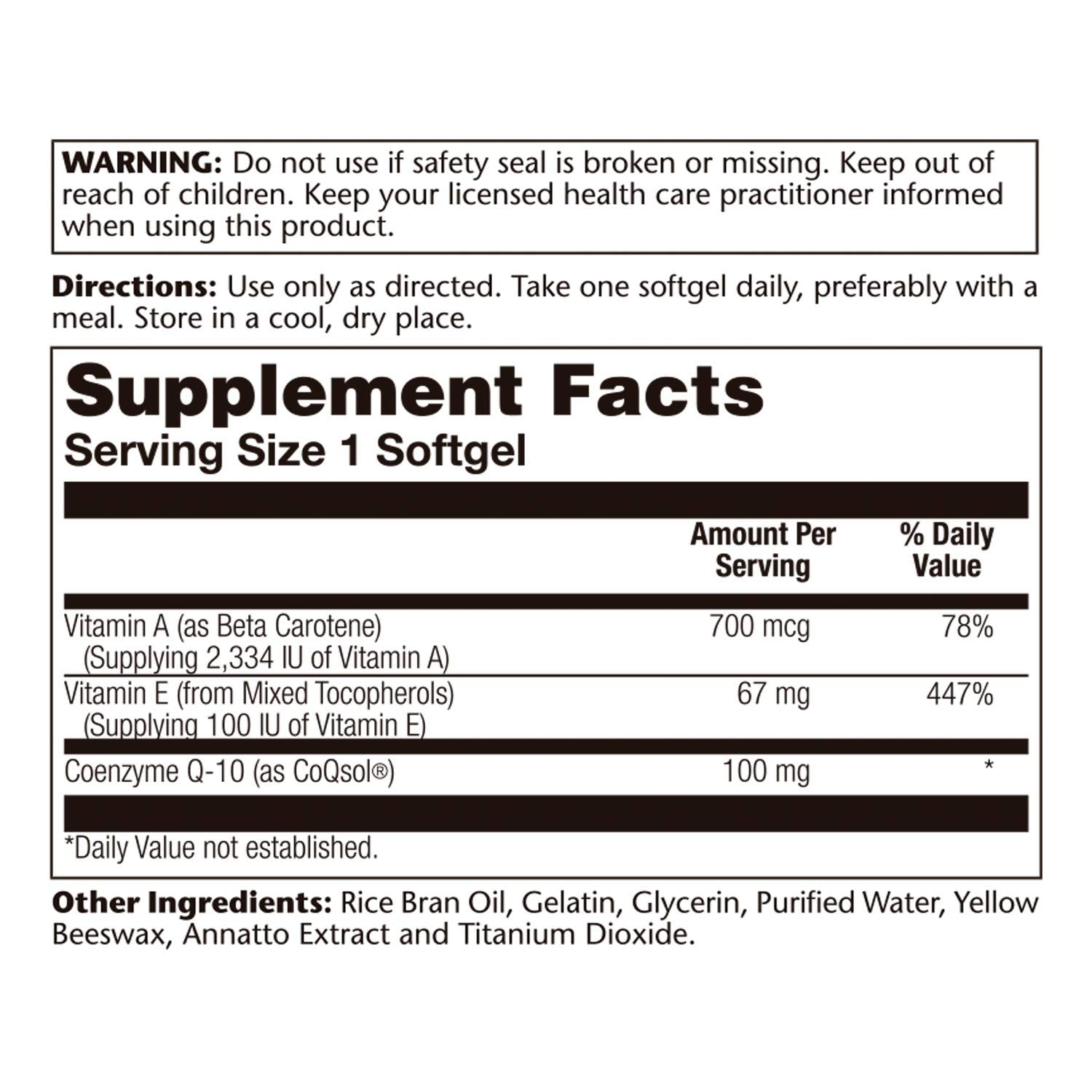 SOLARAY Bio CoQ-10 label closeup highlights potency and purity certifications.