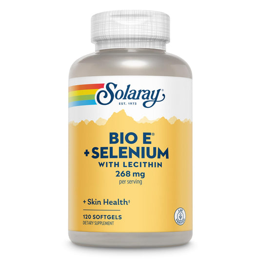 Solaray Bio E with Selenium bottle showing 400 IU vitamin E softgels for daily antioxidant support.