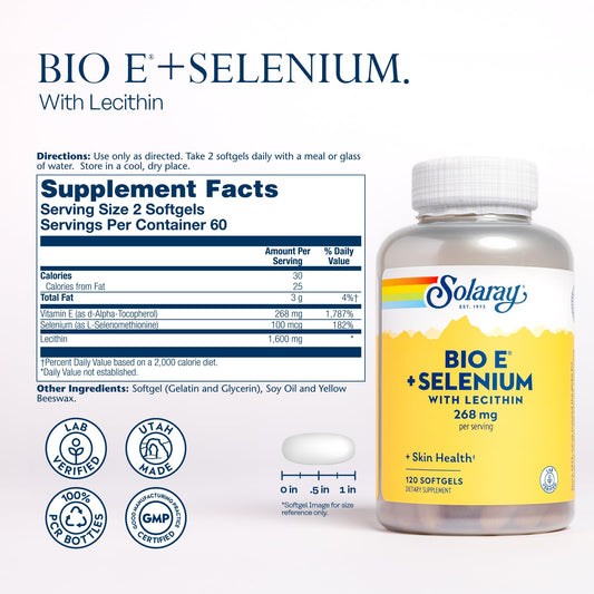 Solaray Bio E with Selenium label highlights natural vitamin E source used in daily supplements.