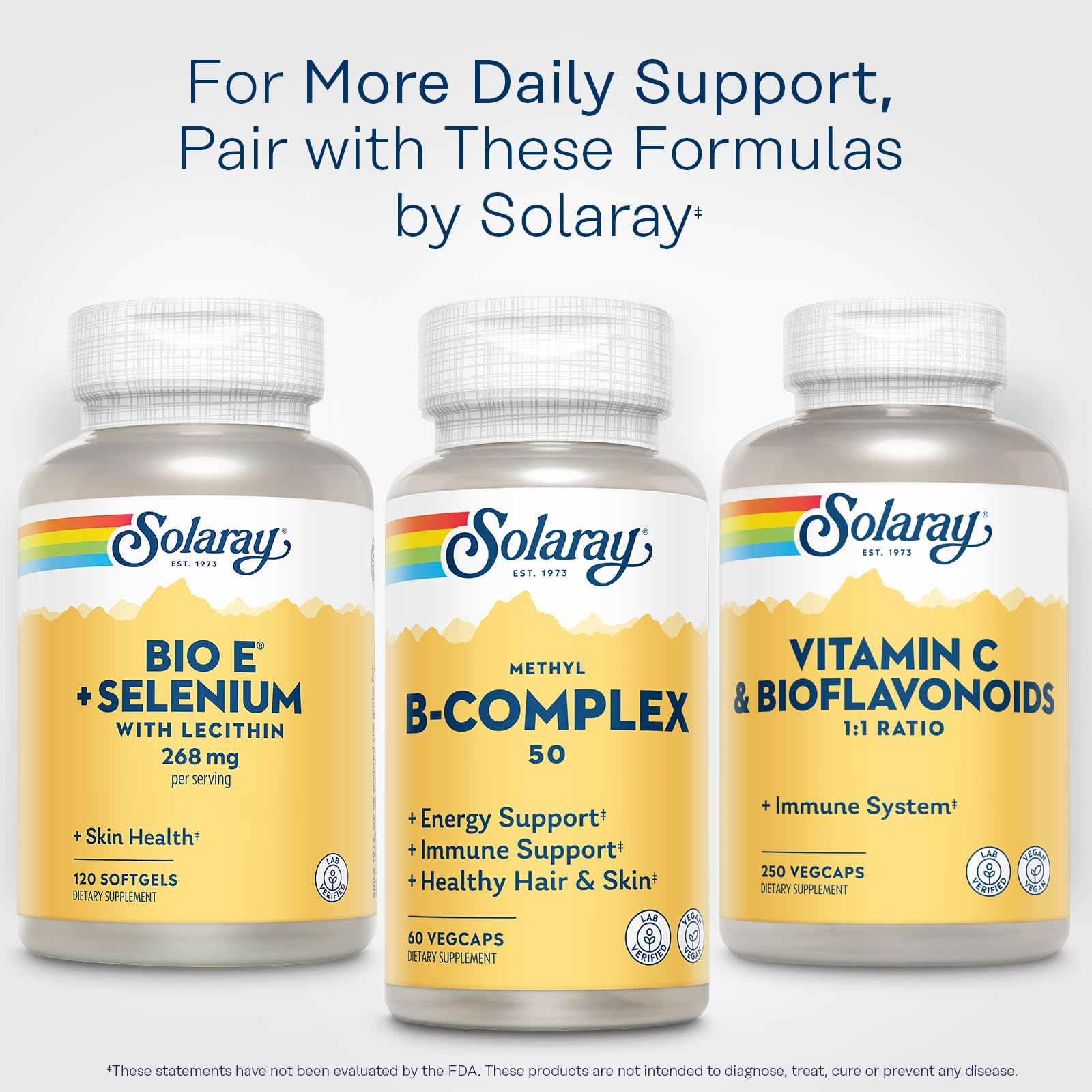 Solaray Bio E bottle with seal communicates trusted daily supplement.