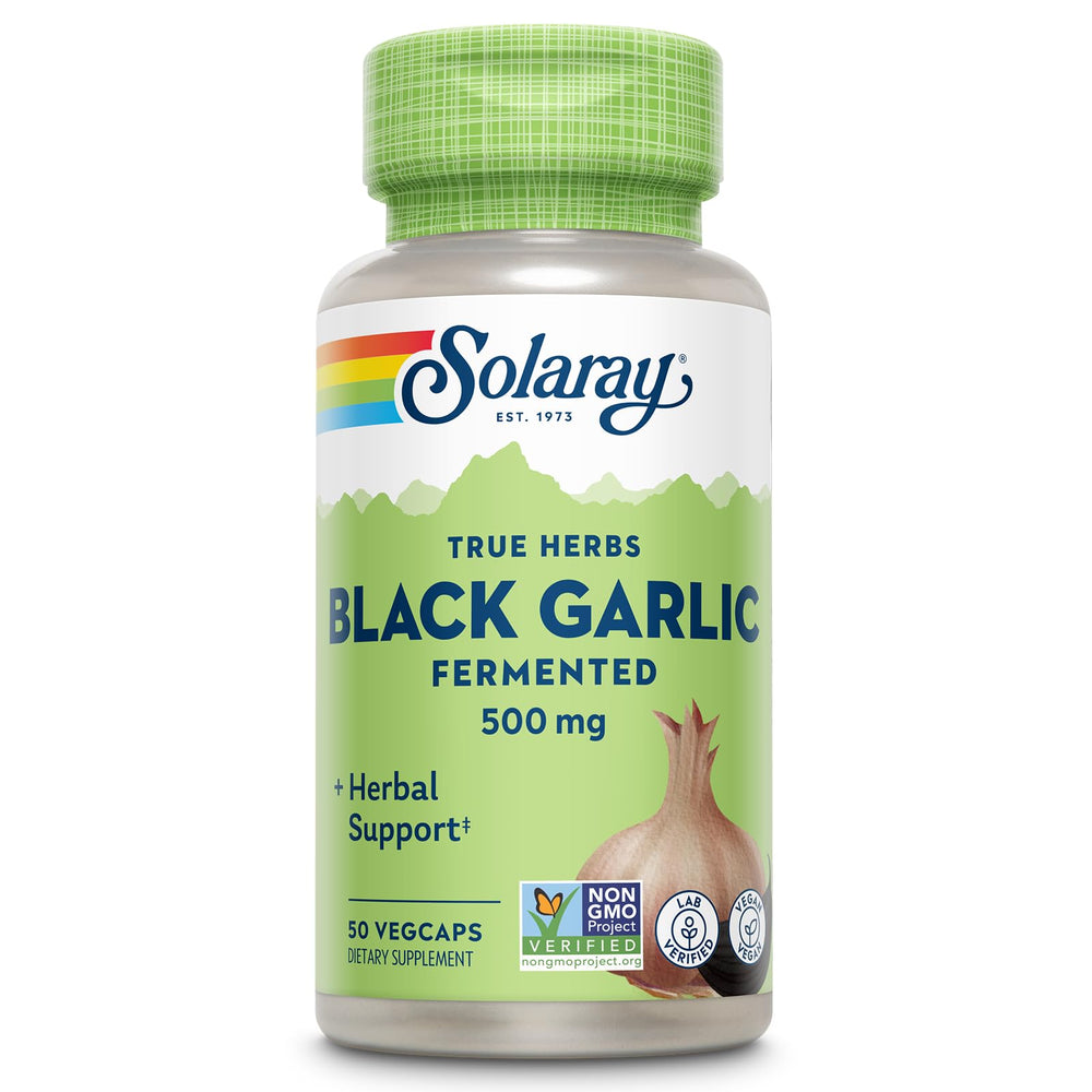 SOLARAY Black Garlic 500 mg bottle front for convenient daily use.