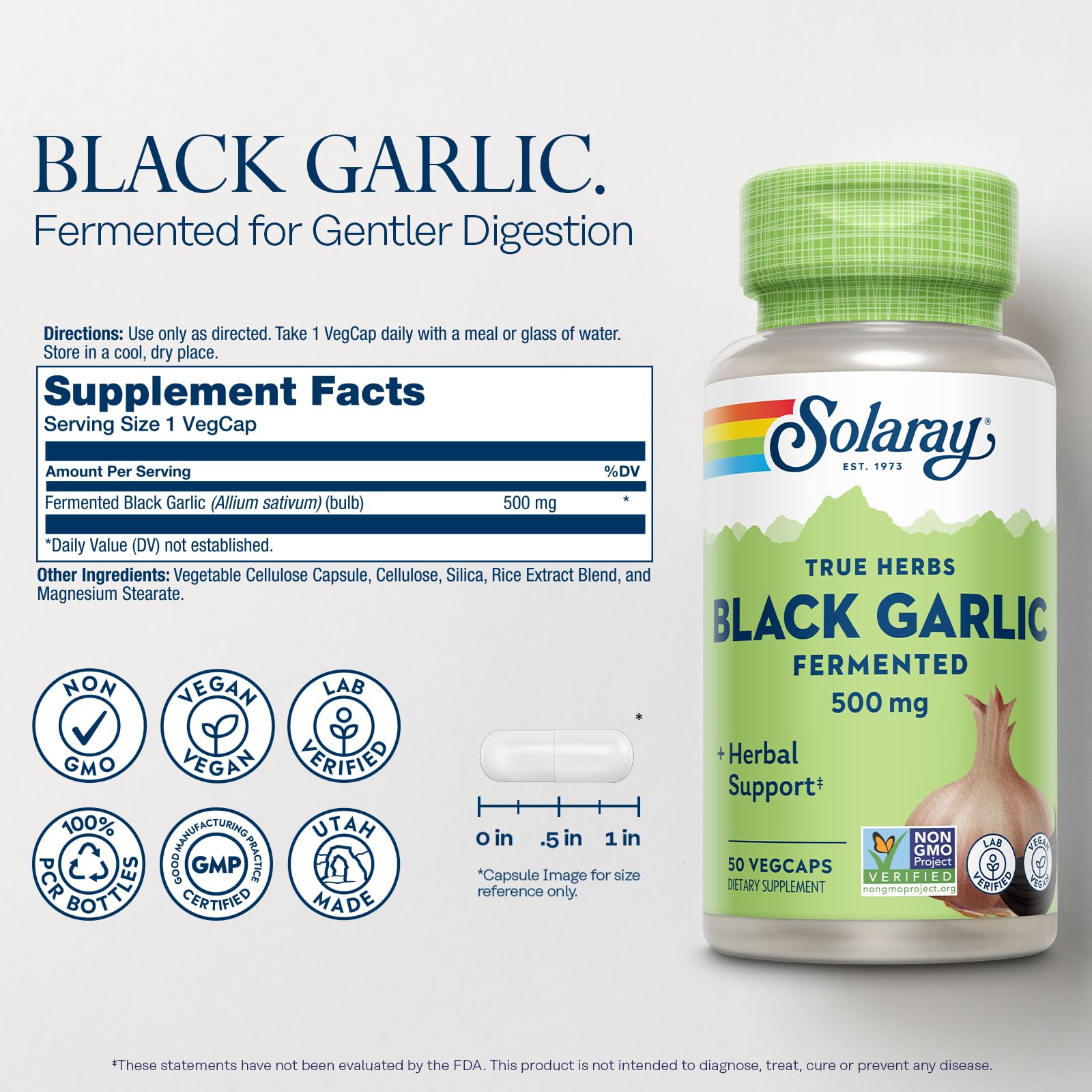 SOLARAY Black Garlic capsules close-up highlighting easy digestion.