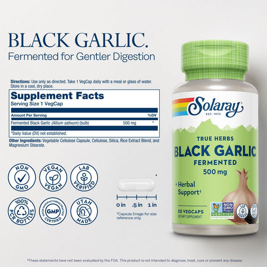 SOLARAY Black Garlic capsules close-up highlighting easy digestion.