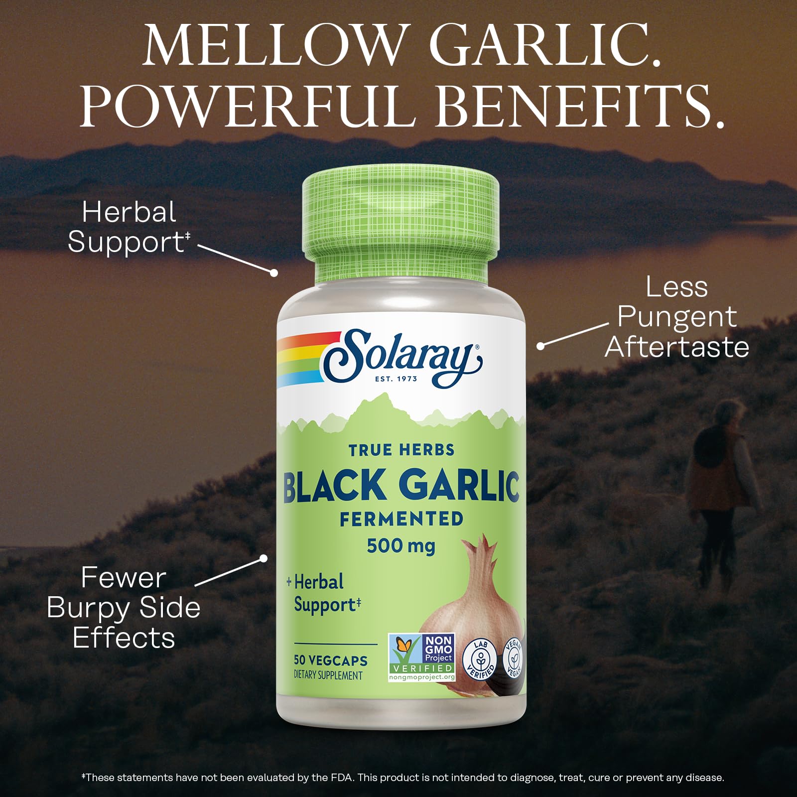 SOLARAY Black Garlic fermentation process illustration shows mellow sulfur compounds.