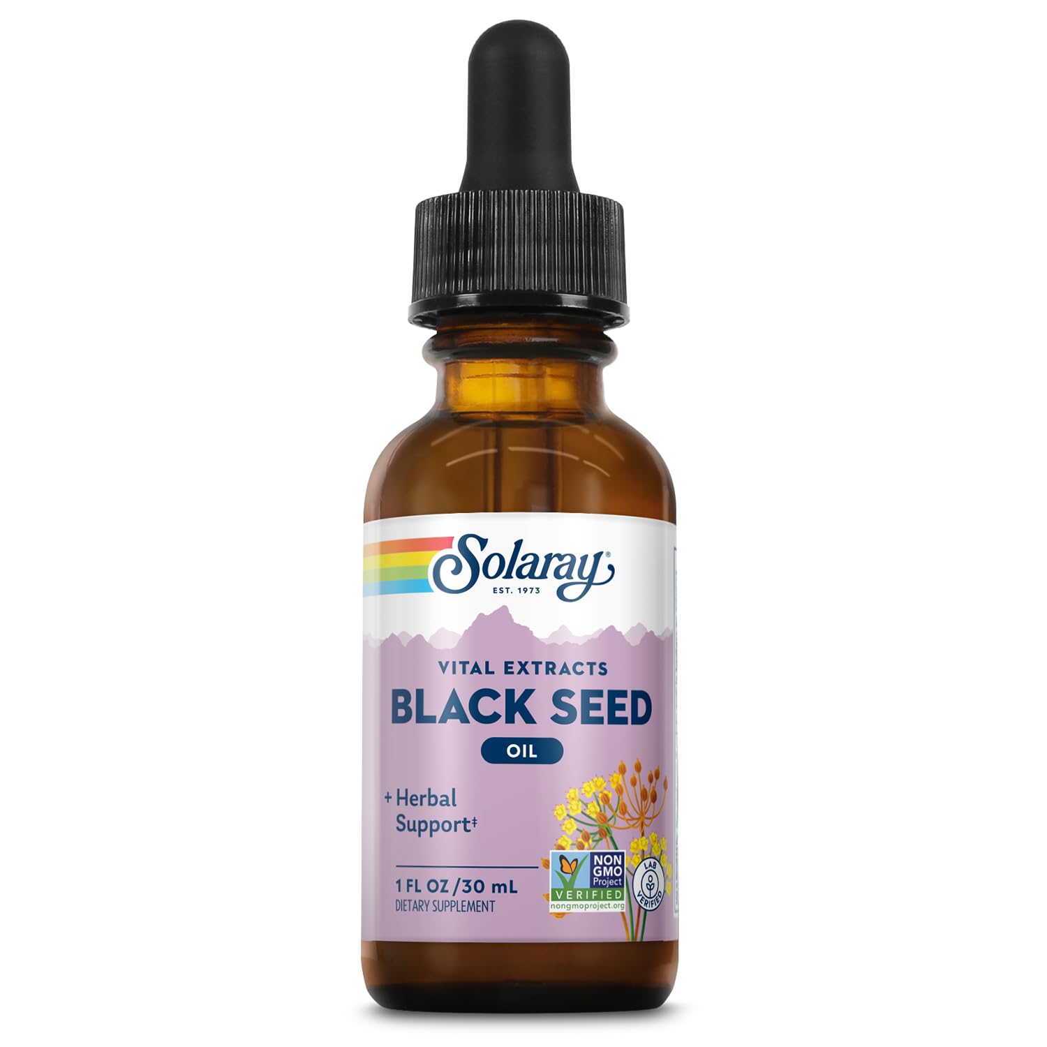 SOLARAY Black Seed Oil Extract bottle front for brand visibility and purity.