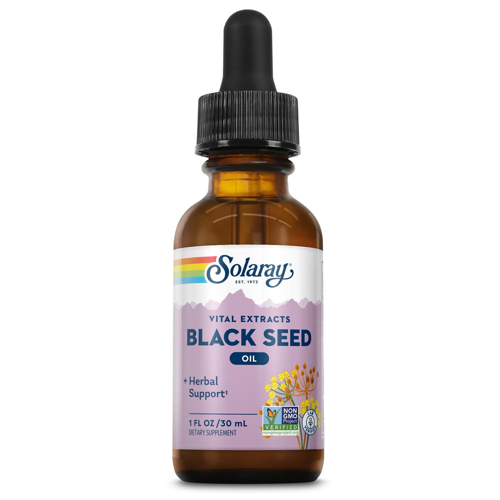 SOLARAY Black Seed Oil Extract bottle front for brand visibility and purity.