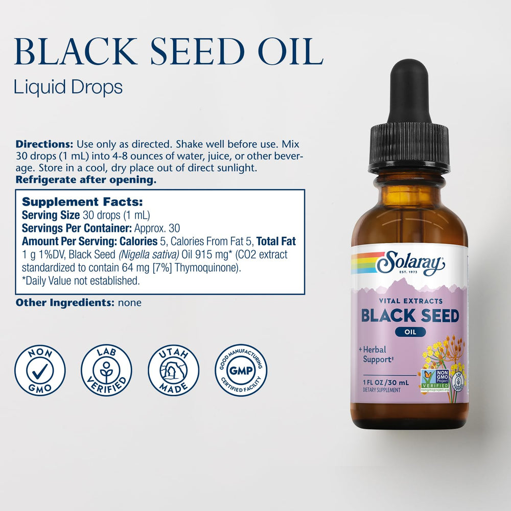 SOLARAY Black Seed Oil droplet close-up highlighting thymoquinone content.
