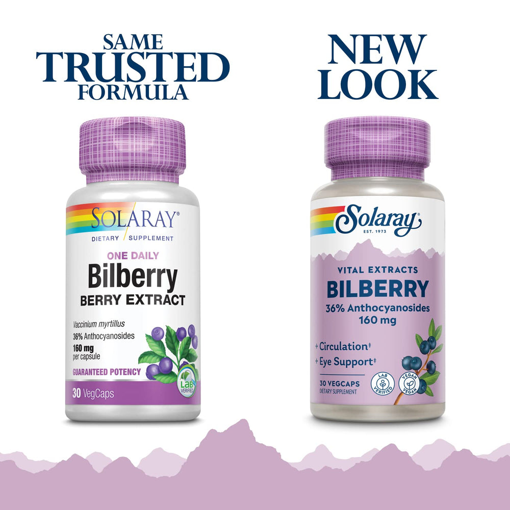 SOLARAY Blueberry Extract 195 mg bottle supports eye health and daily vitality.